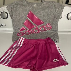 Adidas Gray and Pink Logo Tee with Shorts
